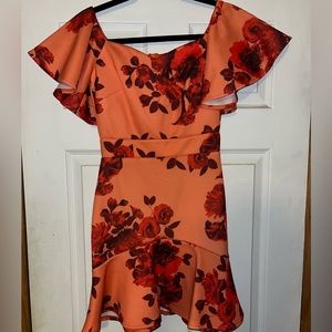 Orange and red floral dress with ruffles. Size 6, purchased from Asos.